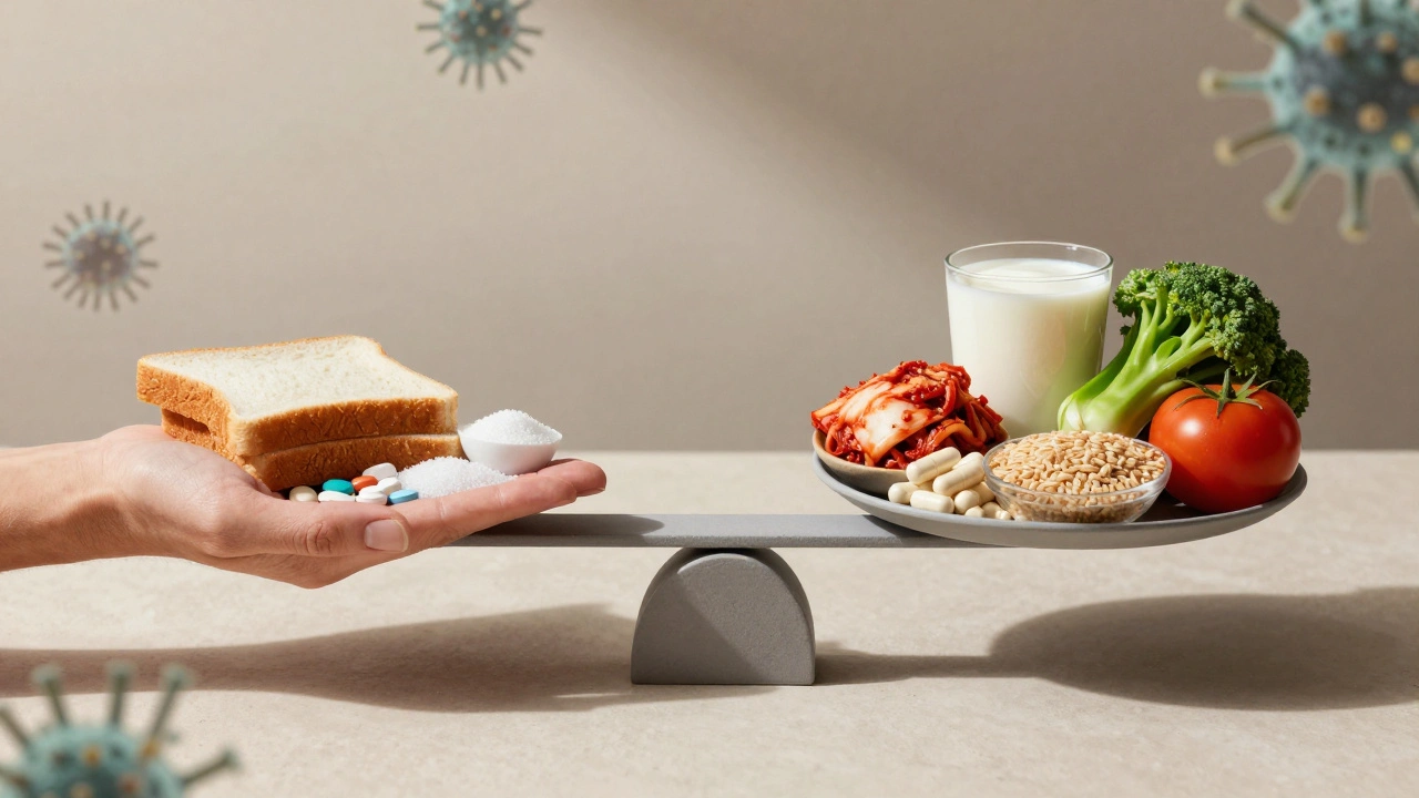 Váha porovnávající škodlivé potraviny a antibiotika s probiotiky a zdravou stravou.