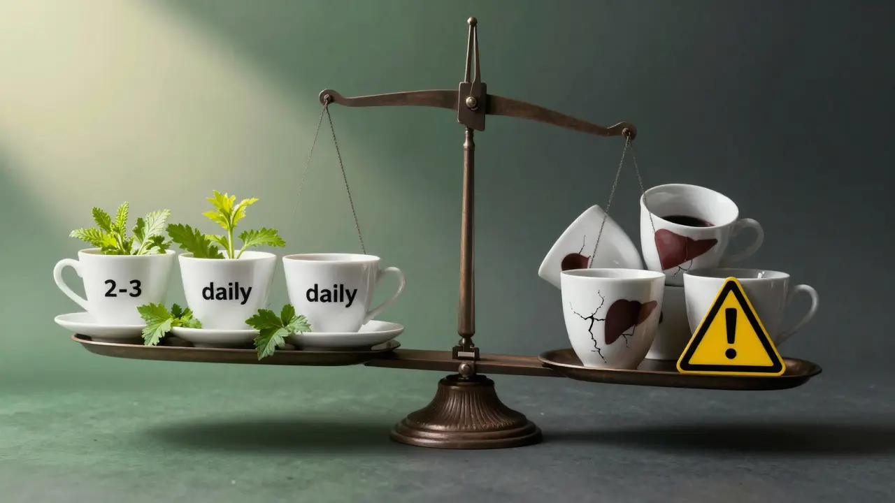 Váha s třemi šálky čaje na jedné straně a pěti přeplněnými na druhé, symbolizující rovnováhu a přebytek.