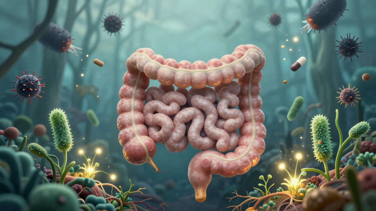 Vizualizace střev jako zahrady s užitečnými bakteriemi a ničivými účinky antibiotik.