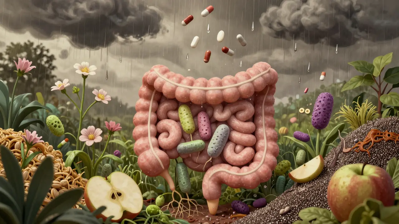 Vizualizace střev jako zahrady s užitečnými bakteriemi a prebiotiky, antibiotika jako bouře.