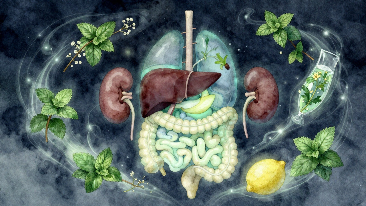 Vnitřní orgány těla svítí jemně v temnotě, obklopeny bylinnými infuzemi jako symbol detoxikace.