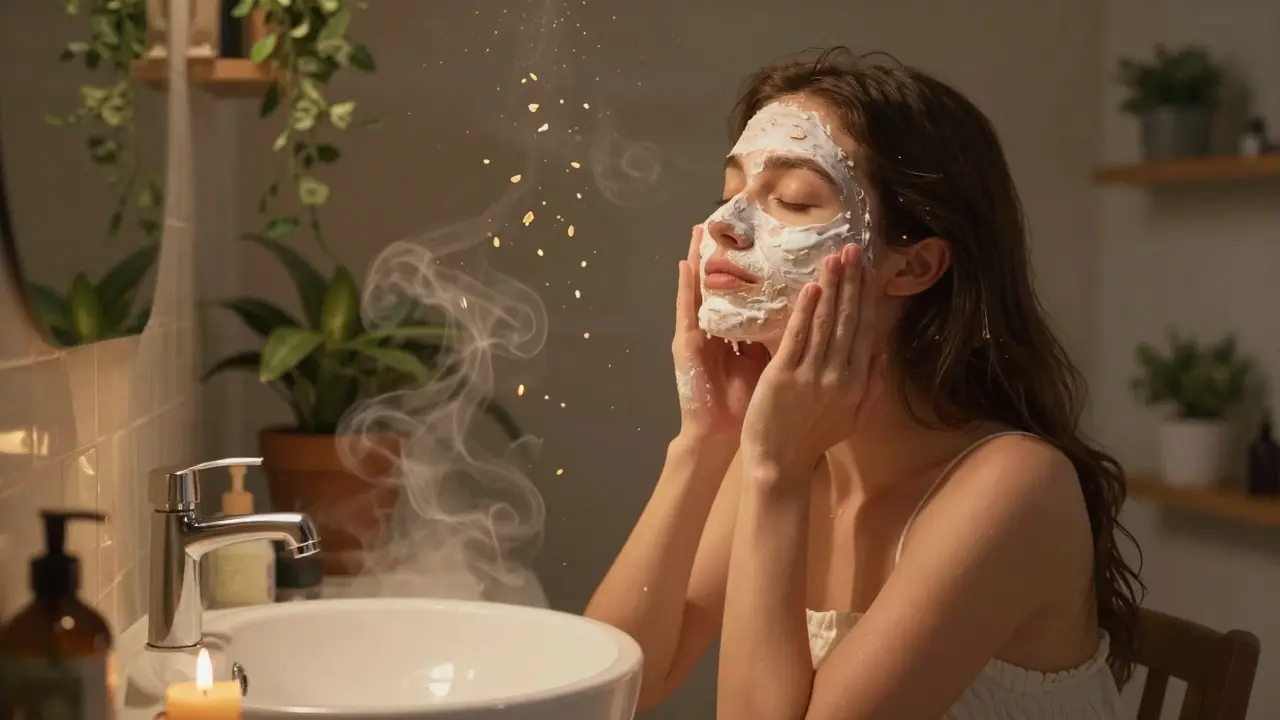 Žena masíruje obličej jemným peelingem z ovesky a jogurtu v klidné koupelně.