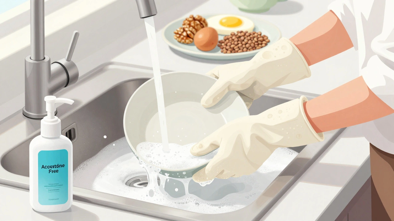 Žena myje nádobí v rukavicích, na pozadí zdravá jídla a odstraňovač bez acetonu.