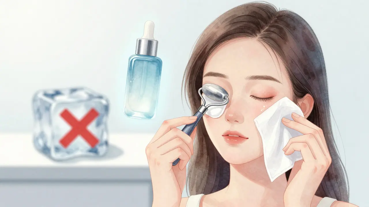 Žena používá chladný kovový rulón pod očima, kolem ní jsou prvky jemné péče o pleť.