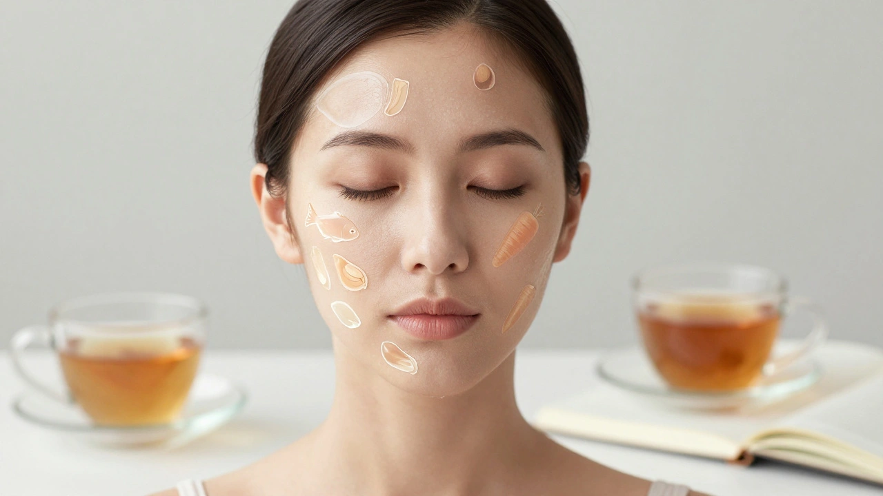 Žena s zářivou pokožkou, polovina tváře osvětlená sluncem, druhá polovina s ikonami vitamínů.