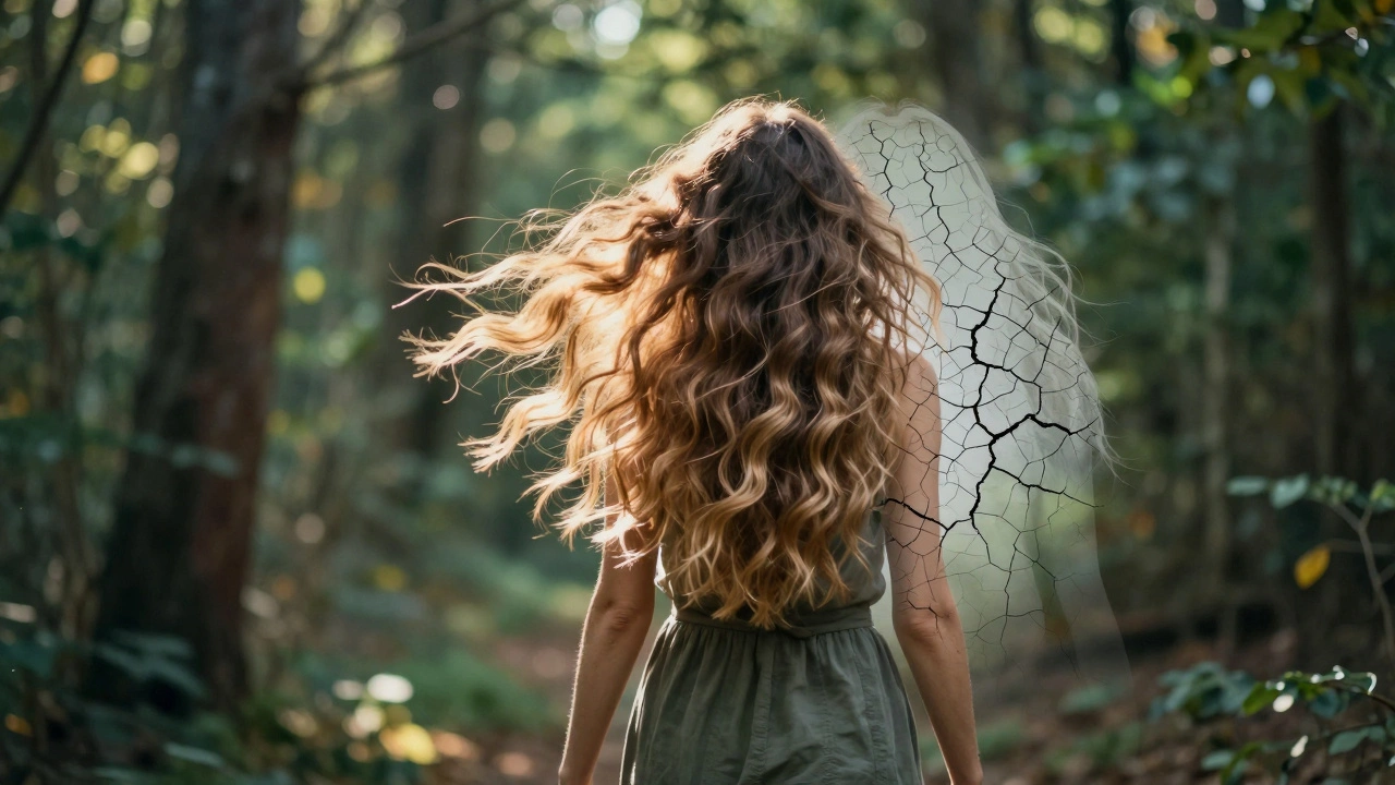 Žena s zdravými, lesklými vlasy prochází lesem, symbolizující obnovu vlasů.