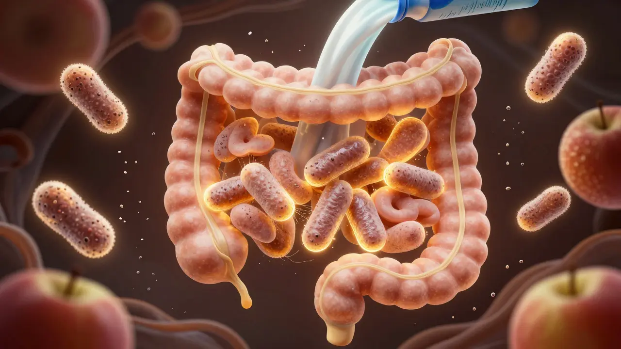 Živé laktobacily v těle, obklopené přirozenými vlákninami a proudem kefíru.