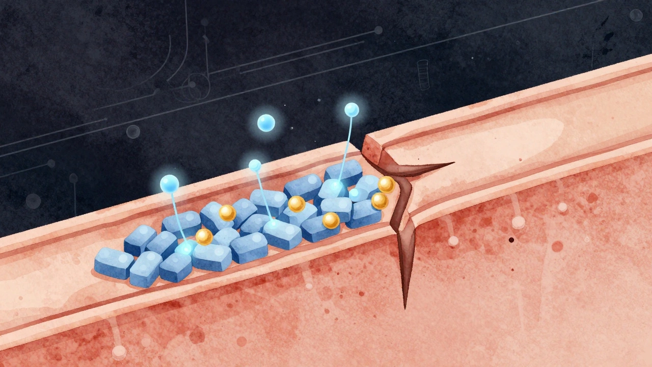 Zvětšený pohled na opravu poškozeného vlasu molekulami kyseliny hyaluronové a keratinu.