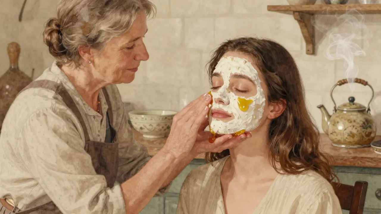 Babička aplikuje masku z medu a ovesky na tvář mladé ženy.