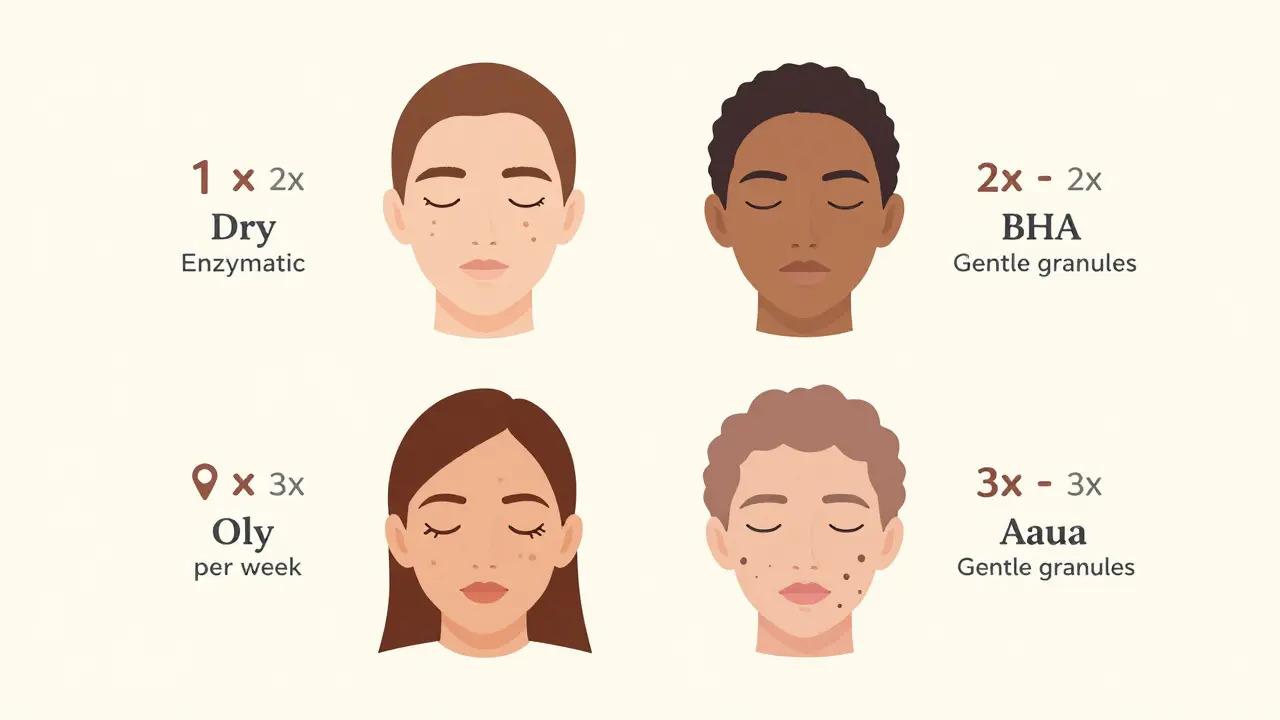Čtyři typy pleti s doporučenou frekvencí peelingu a příslušnými ingrediencemi.
