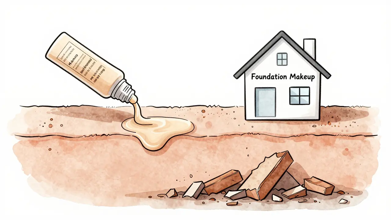 Dům postavený na základě z primeru, symbolizující jeho důležitost pro make-up.