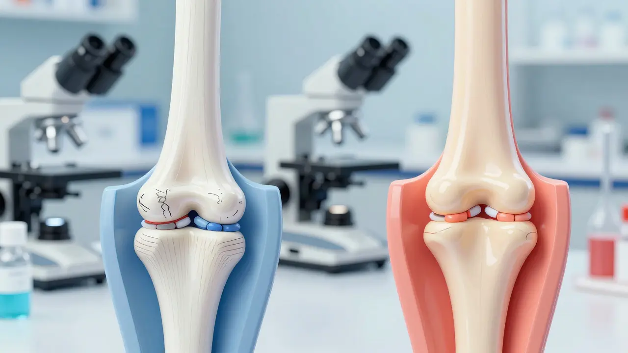 Dva modely kloubů: jeden poškozený s tenkou chrupavkou, druhý zdravý s opravenou chrupavkou podporovanou kolagenem.