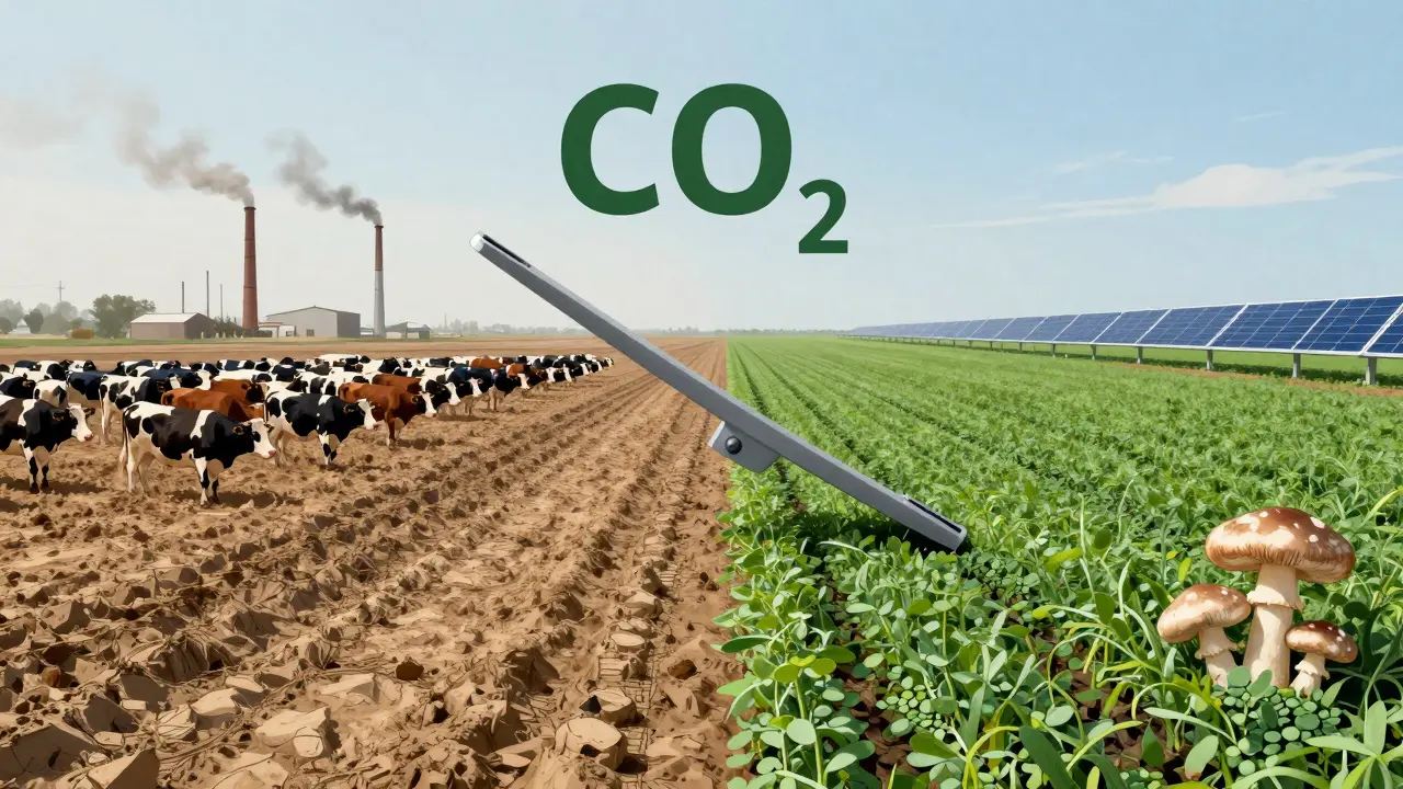 Dvě části krajiny: jedna s dobytkem a znečištěním, druhá s luštěninami a čistým ovzduším.