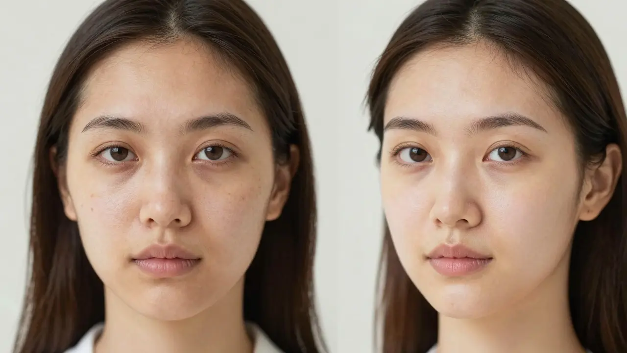 Dvě strany obličeje: levá s nevýraznou pokožkou po krému, pravá s zářivou pokožkou po séru a krému.