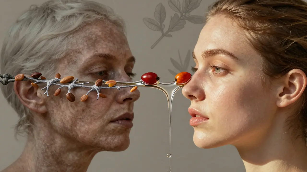 Dvě strany pleti: stará a sušší vlevo, obnovená a zdravá vpravo, propojené oleji.