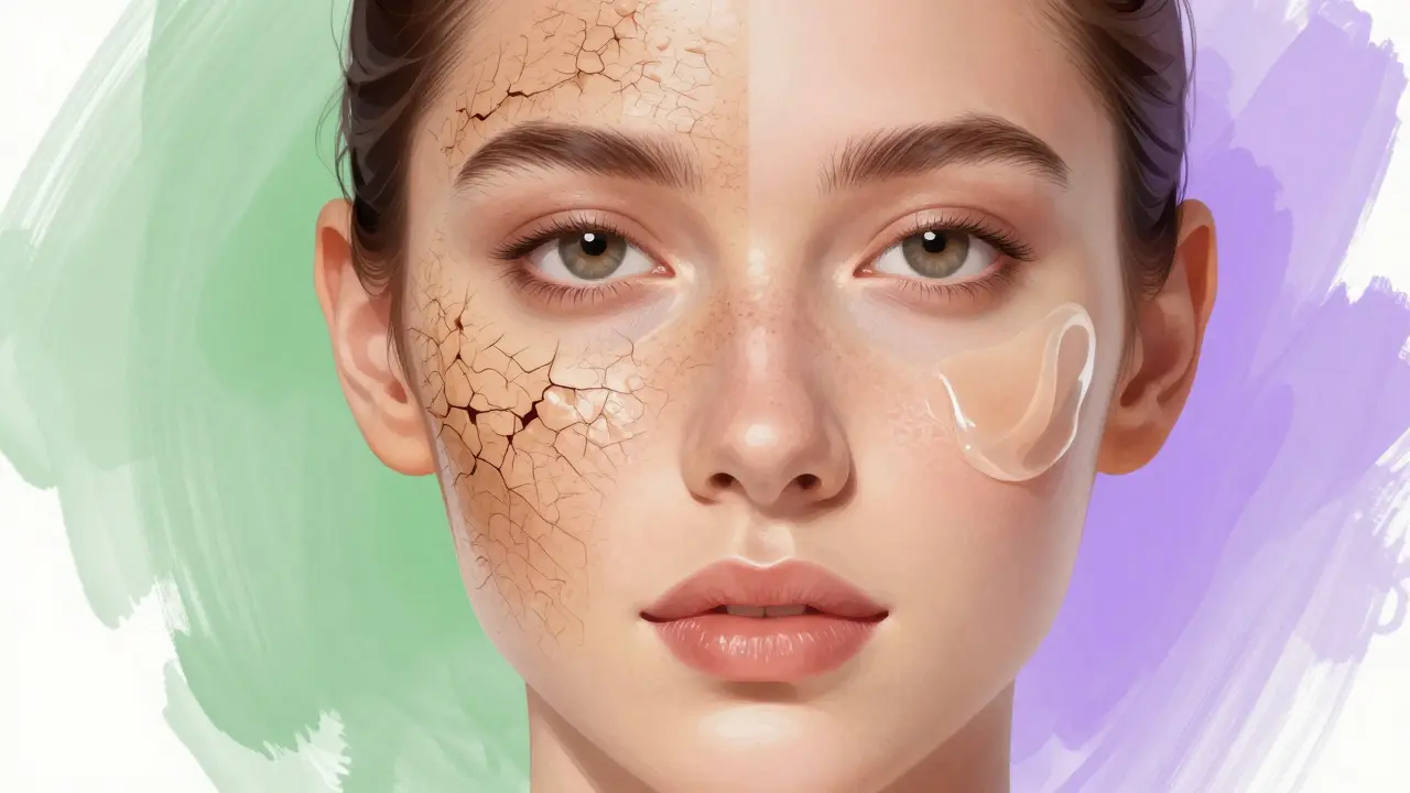 Dvě strany tváře: jedna s nevyrovnaným základem, druhá s hladkým primerem.