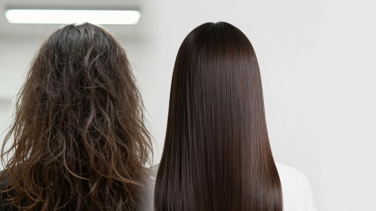 Dvě strany vlasů: jedny suché a kudrnaté, druhé hladké a lesknoucí se po ošetření.