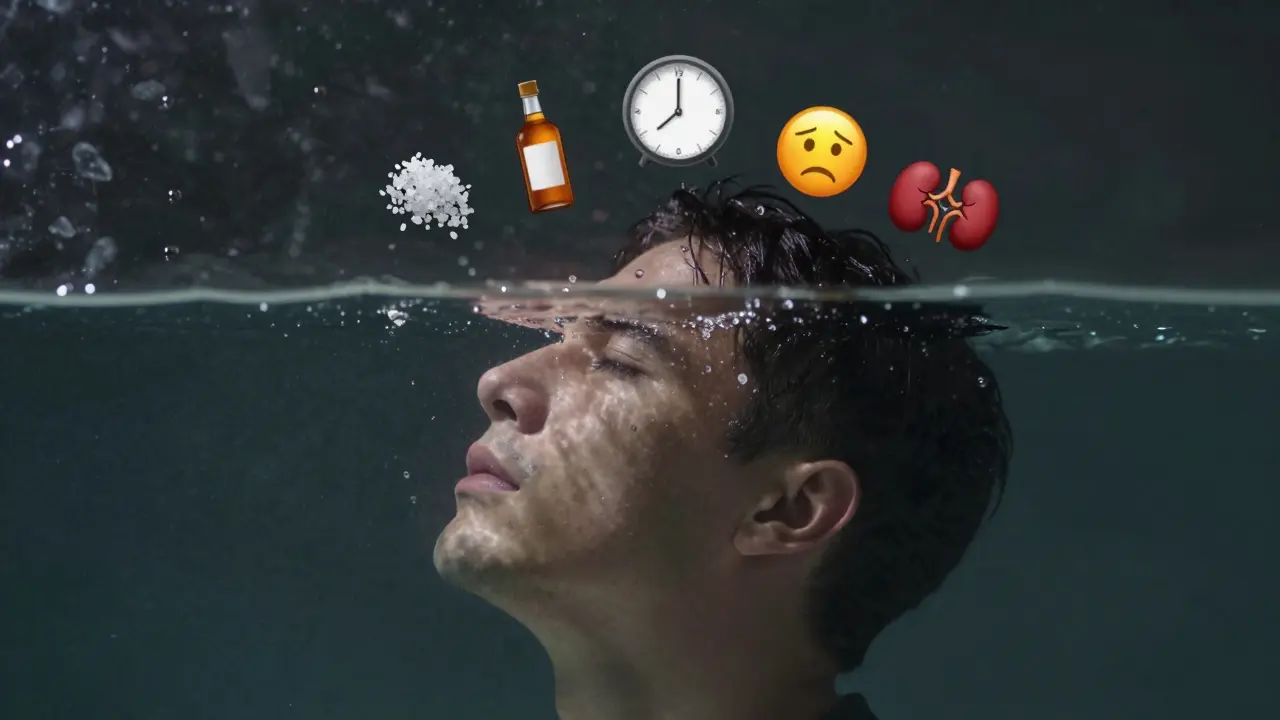 Hlava vystupující z vody s symboly příčin otoku: sůl, alkohol, stres a ledviny.