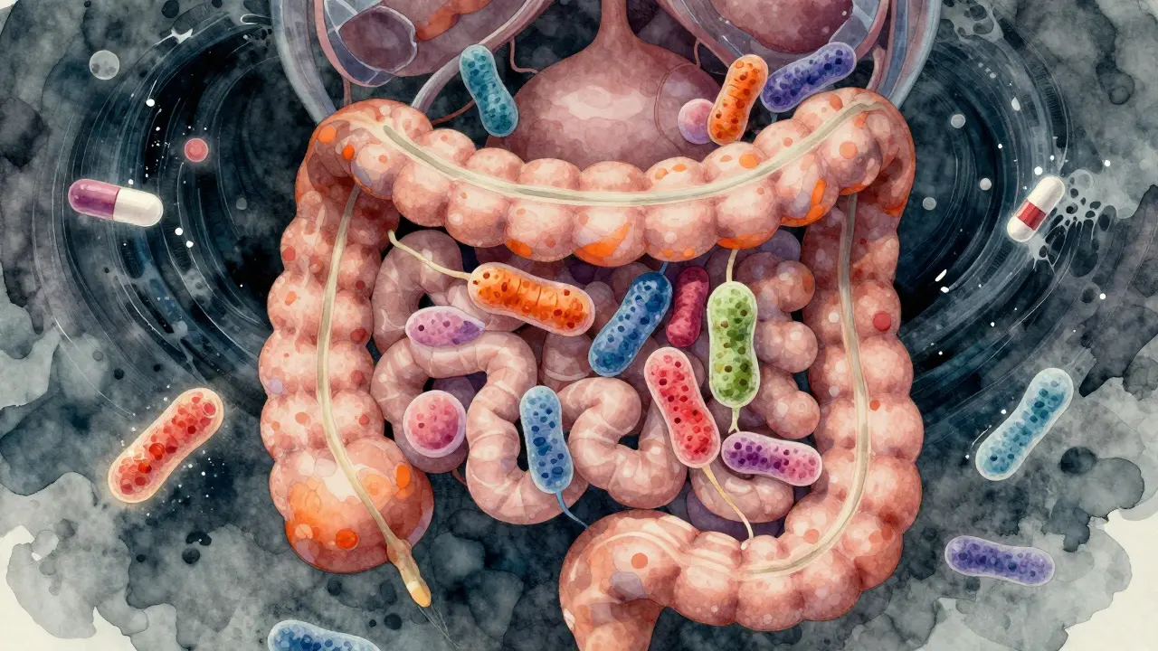 Ilustrace lidského trávicího traktu s živými probiotickými bakteriemi