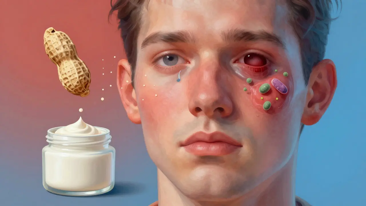 Ilustrace obličeje s vnitřními příčinami otoku: alergie a zubní infekce znázorněny jako průhledné vrstvy.