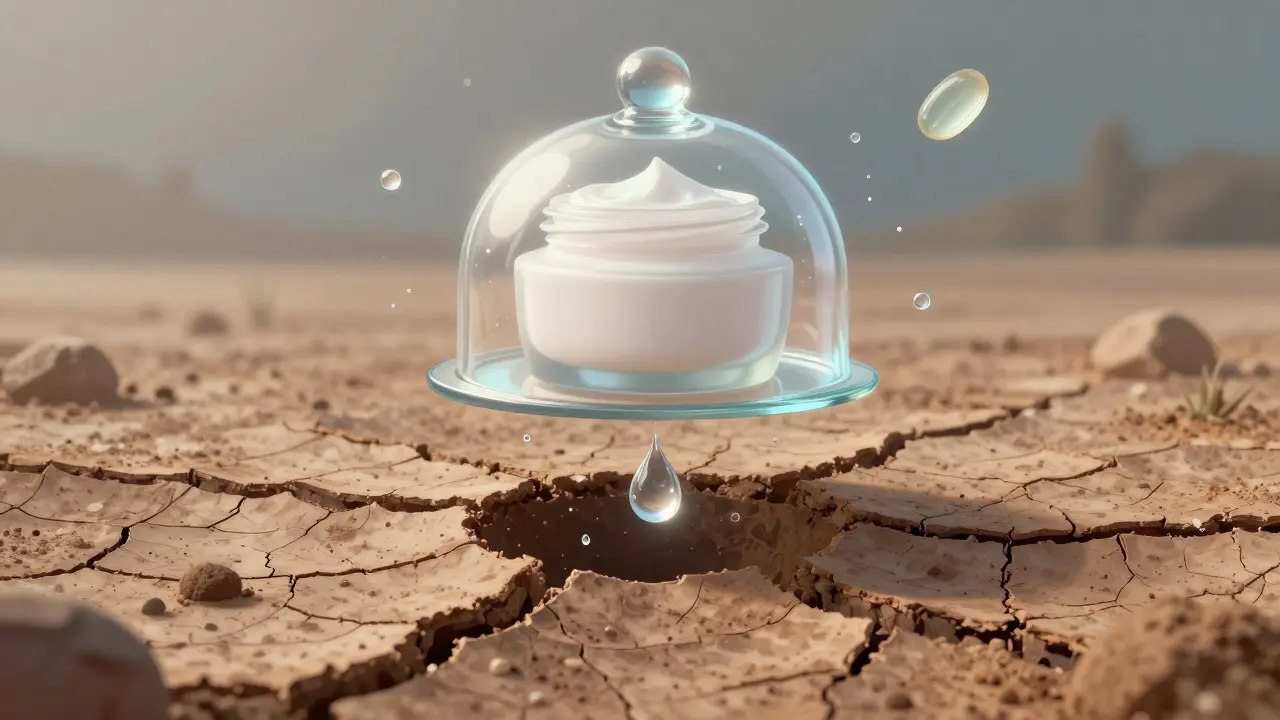 Ilustrace pokožky jako půdy s sérem jako vodou, která proniká hluboko, a krémem jako krytem, který zadržuje vlhkost.