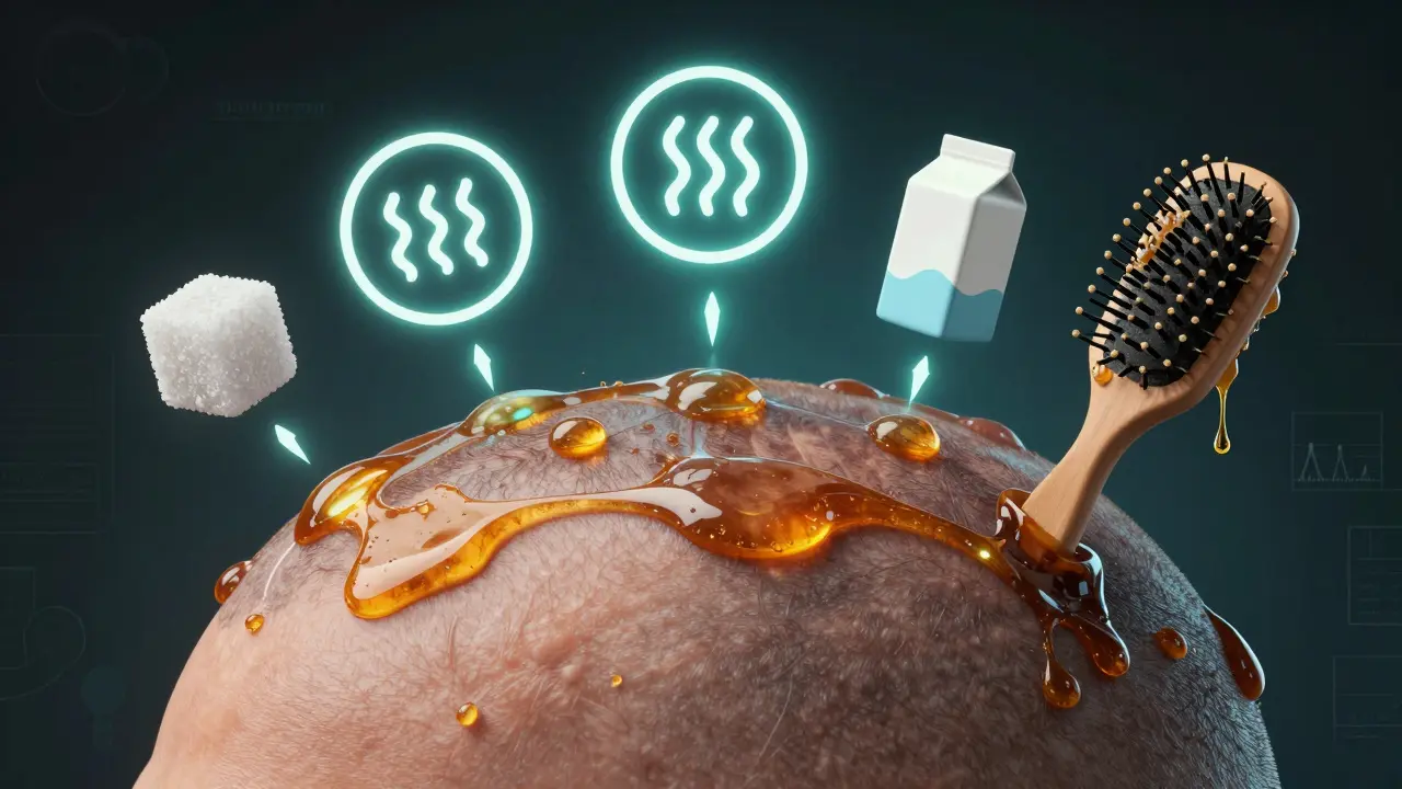 Koncepční ilustrace pokožky hlavy s výbojovými žlázami a faktory mastnění.