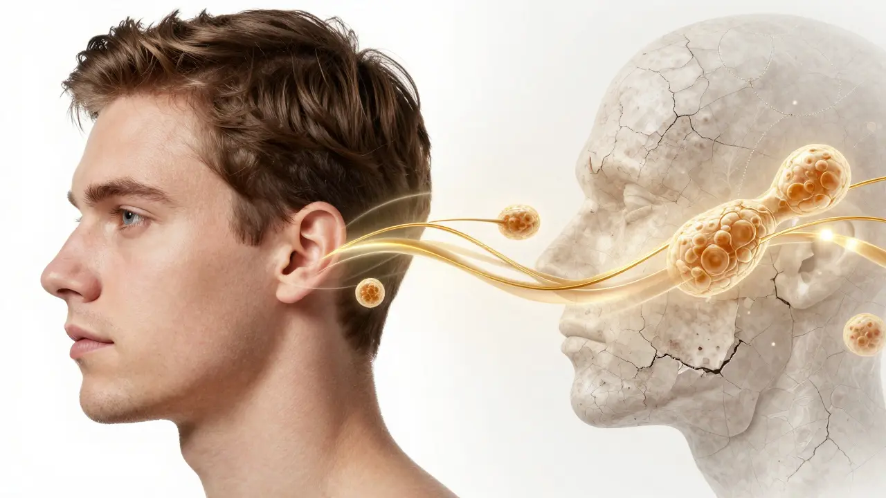 Koncepční obrázek kolagenu jako zlatých vláken obnovujících kůži, vlasy a klouby.