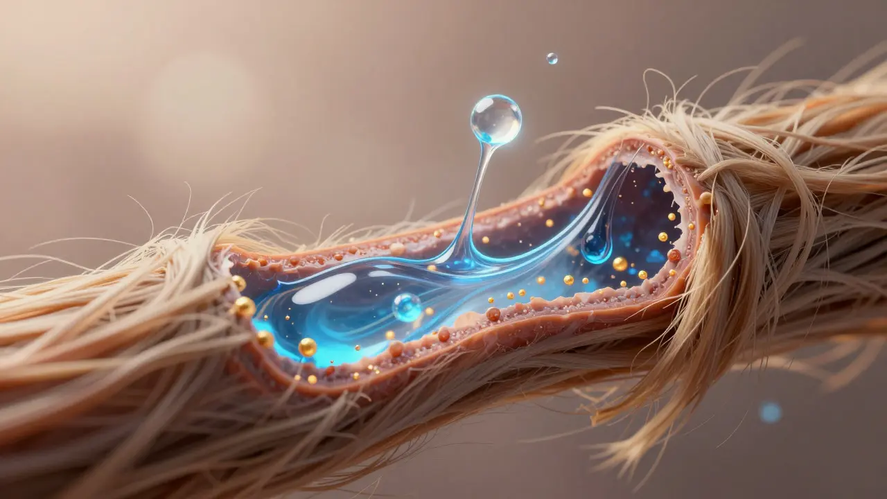 Mikroskopický pohled na poškozené vlasy naplněné kyselinou hyaluronovou a bílkovinami.