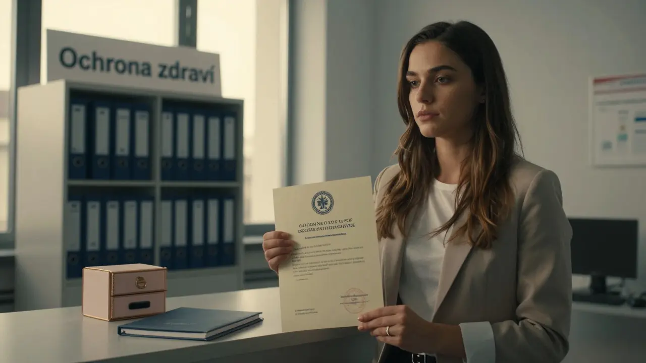 Mladá žena přijímá oficiální povolení k výkonu povolání kosmetičky u úřadu pro ochranu zdraví.