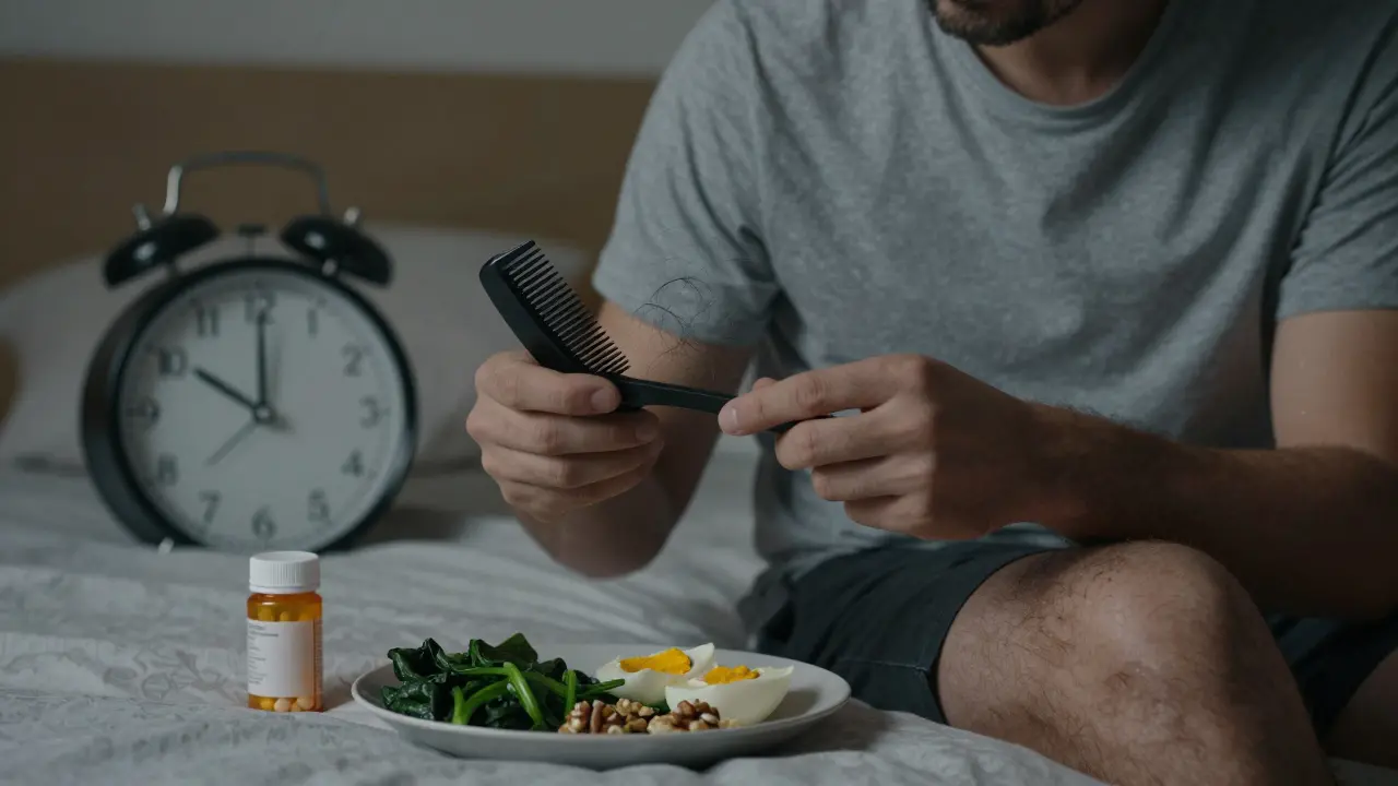 Muž drží hřeben s vypadlými vlasy, vedle něj jídlo a hodiny ukazují pozdní noc.