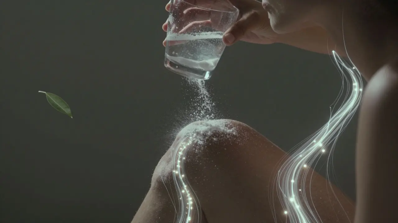 Osoba pije vodu, ve které se kolagen mění v zářivé peptidy, které proudí do kloubů, symbolizující regeneraci.