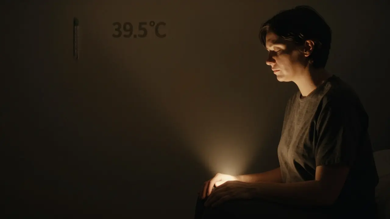 Osoba sedí v temnotě s očima zavřenými, osvětlená jen jedním teplým paprskem světla.