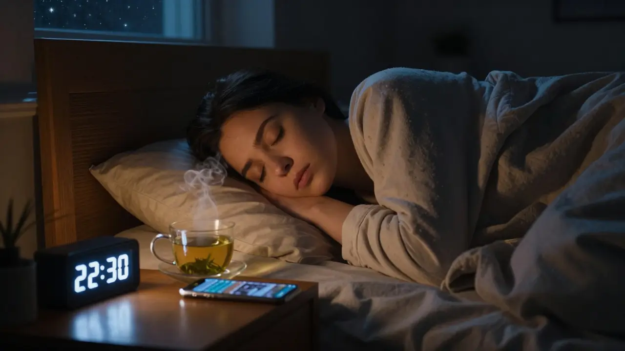 Osoba spí v temné ložnici v 22:30, telefon je obrácený, venku hvězdy.