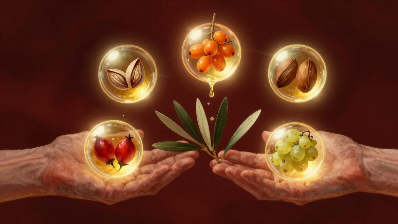 Pět přírodních olejů v podobě zářících kaplí kolem starších rukou.