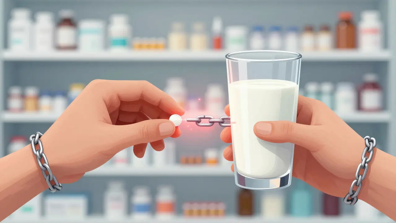 Pilulka antibiotika a sklenice mléka jsou odděleny červenou bariérou, znázorňující ztrátu účinku.