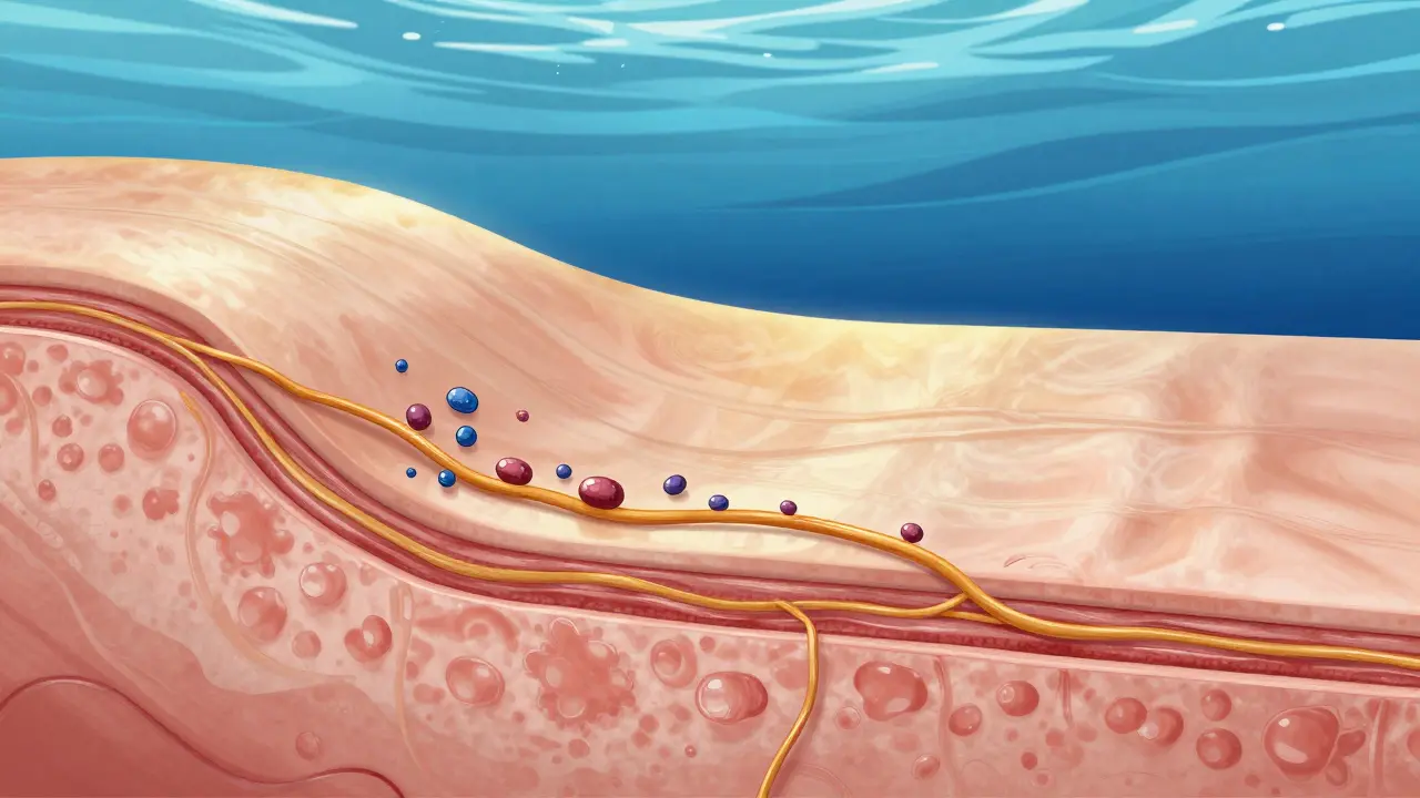 Průřez kůže s kolagenovými vlákny obnovovanými mořskými molekulami