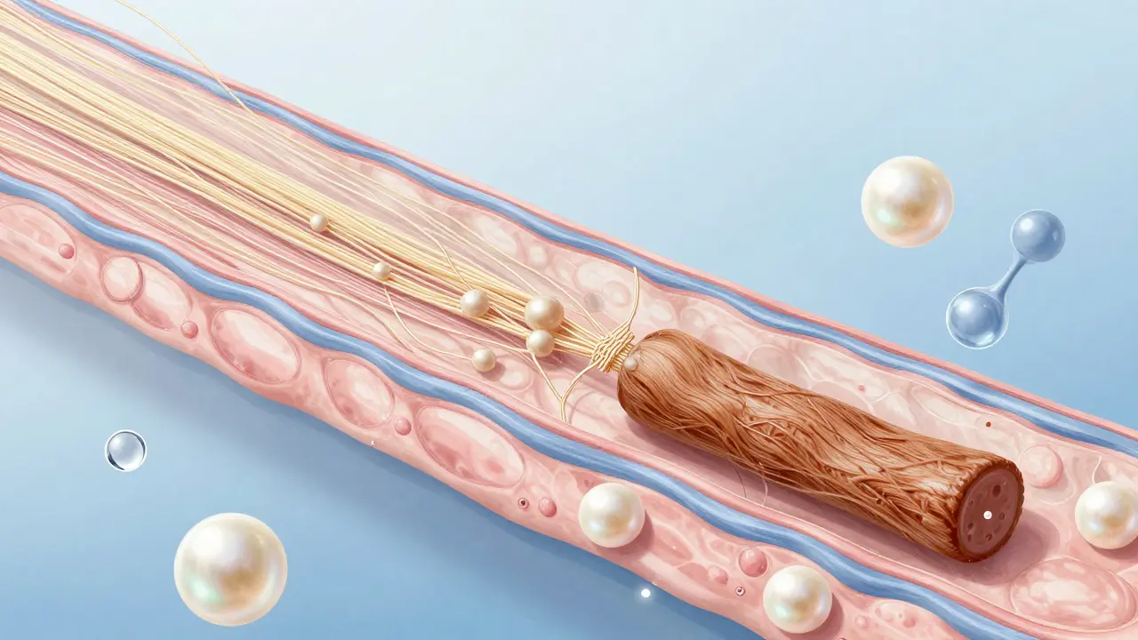 Průřez kůže s tenkými vlákny rybího kolagenu proti hrubším z hovězího