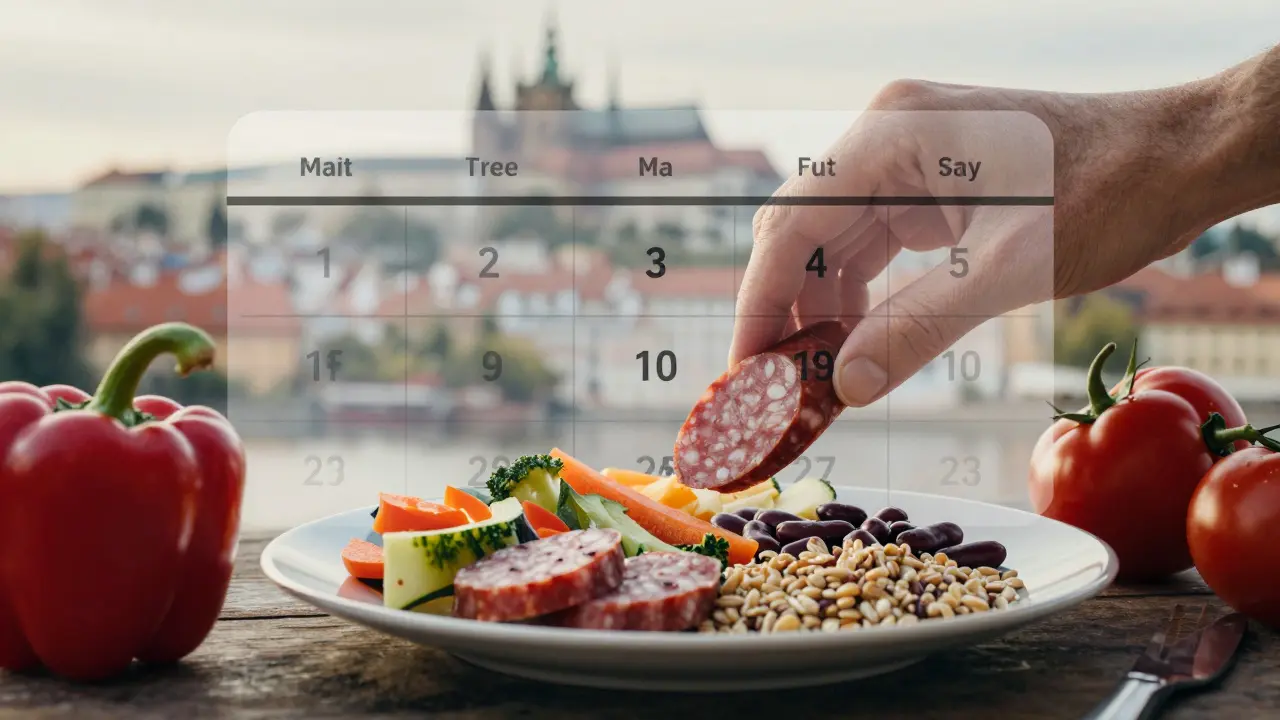 Ruce klade kousek klobásy na talíř plný zeleniny a luštěnin, s přehledem týdenního plánu bez masa.