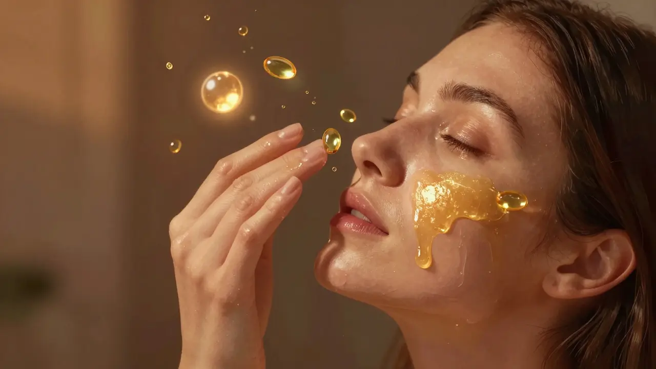 Ruka aplikující přirozené oleje na obličej ve večerní ritualní scéně.