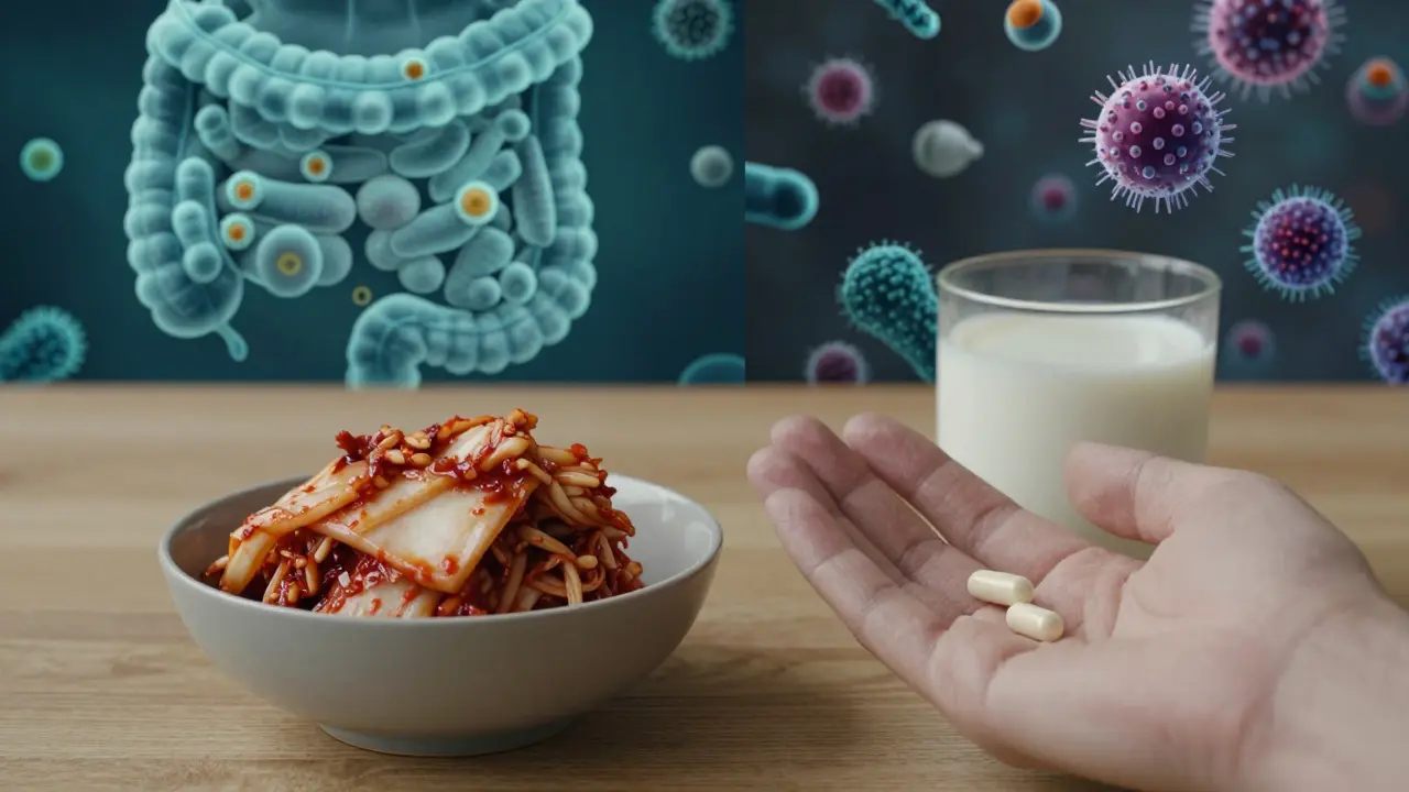 Ruka drží probiotické doplňky vedle kvašených potravin