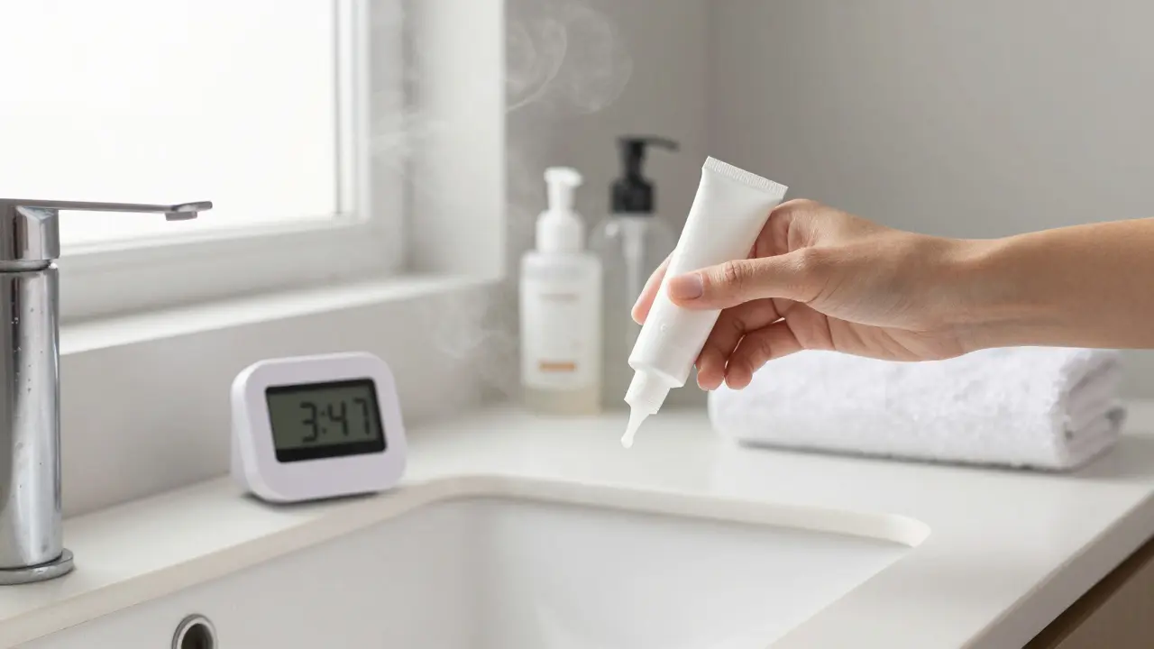 Ruka nanáší primer na čistou pleť s časovačem na pozadí, ranní světlo a koupelna.