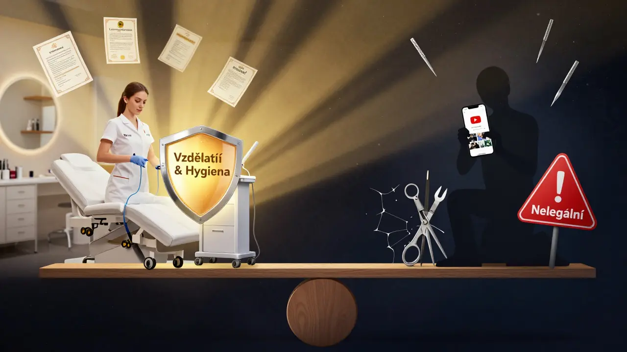 Symbolická váha mezi profesionální kosmetičkou s certifikáty a nekvalifikovanou osobou s YouTube návody.