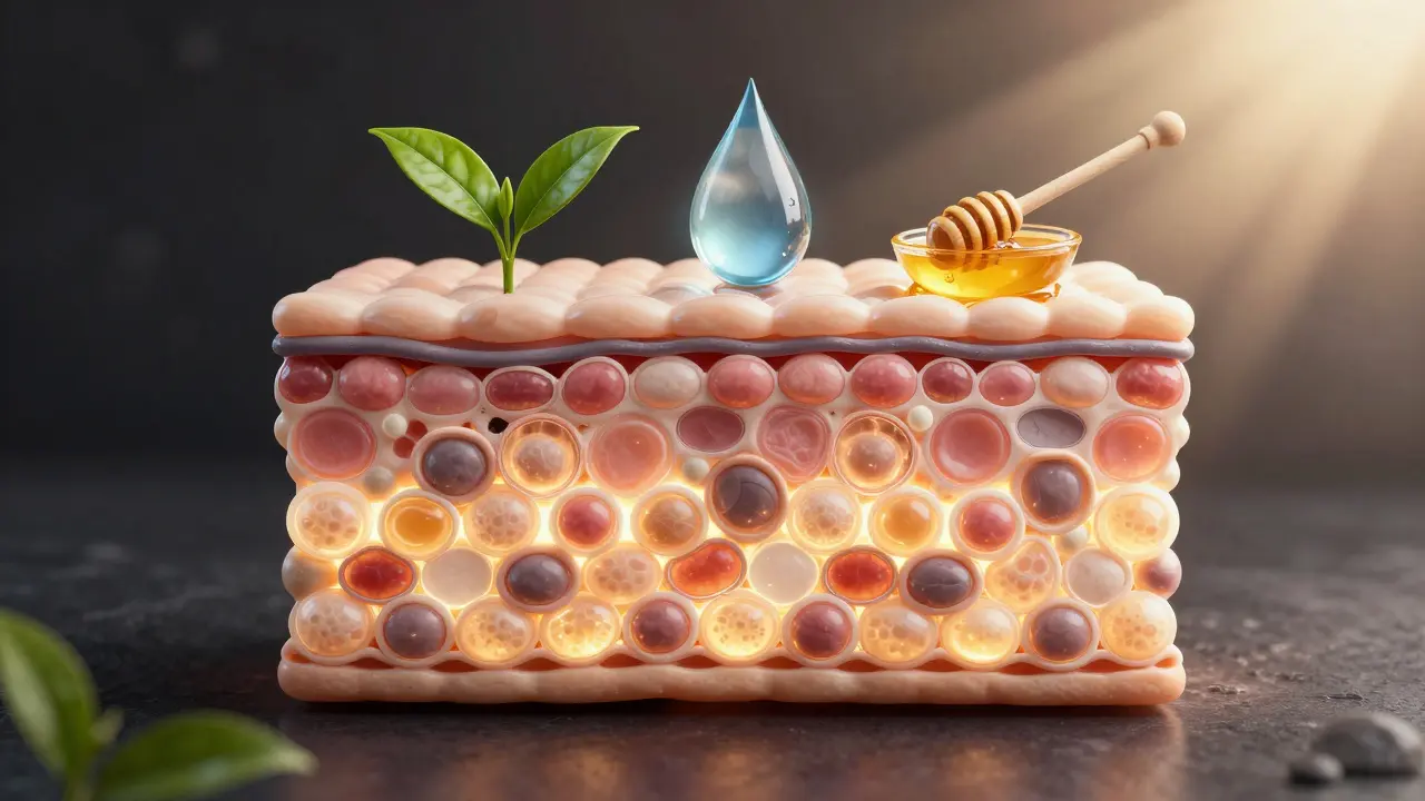 Symbolický obraz zdravé pleti s přírodními prvky jako ochranou.