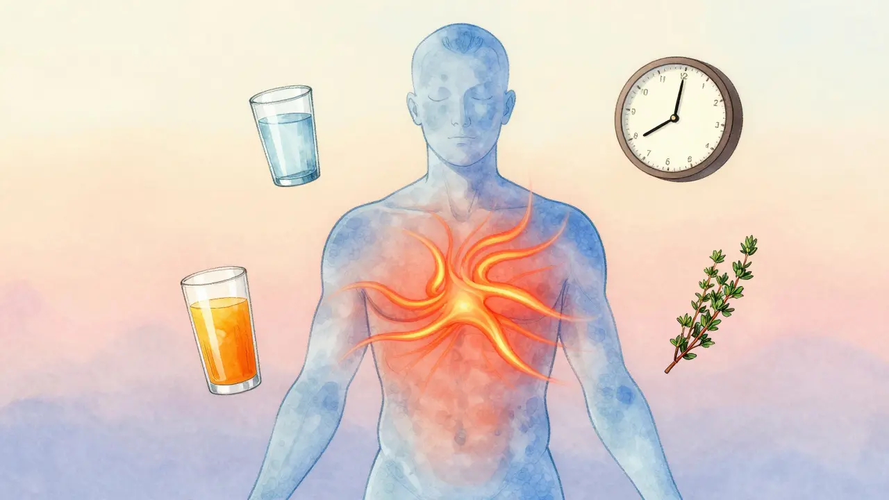 Translucentní silueta těla s teplotními vlnami a přirozenými látkami symbolizujícími hojení.