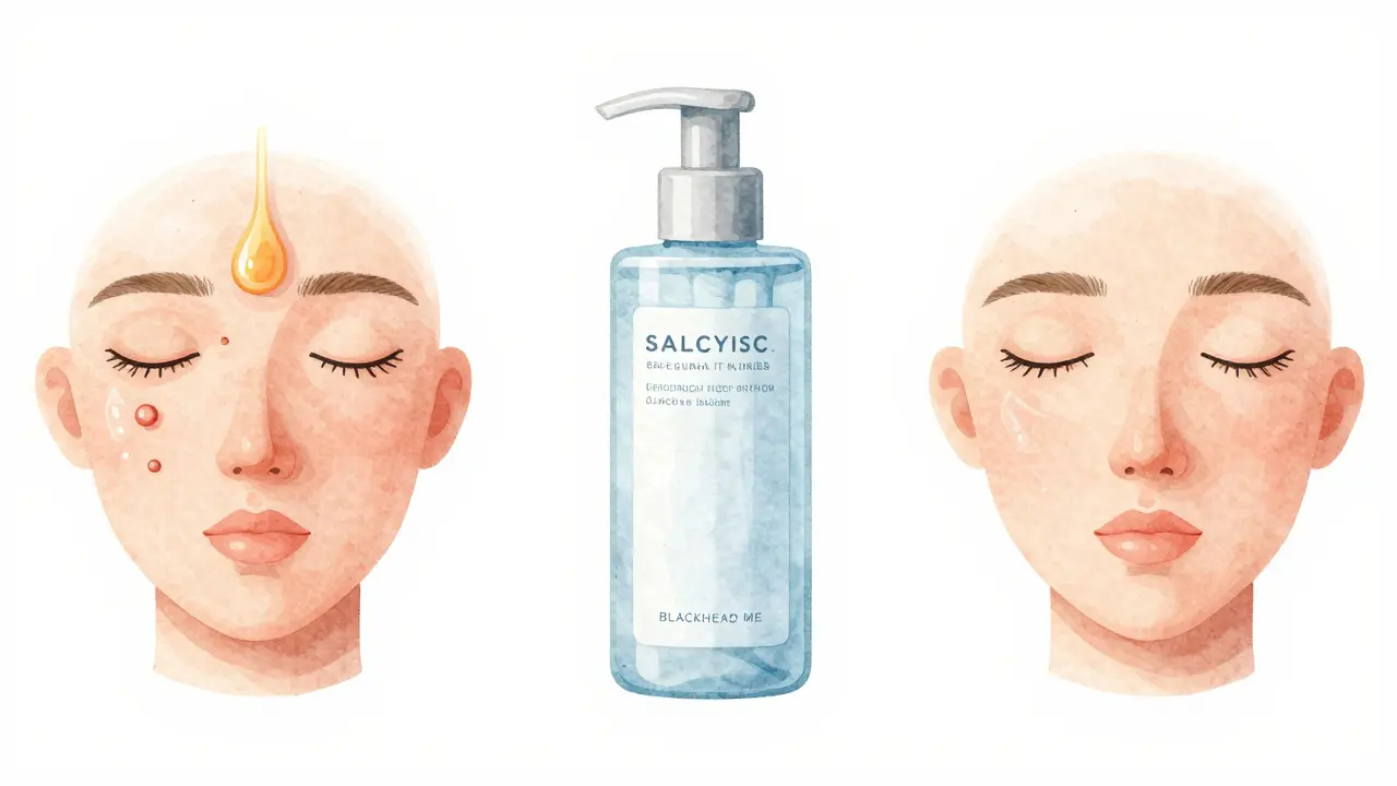 Třístupňová ilustrace péče o kůži proti černým tečkám v vodové barvě.