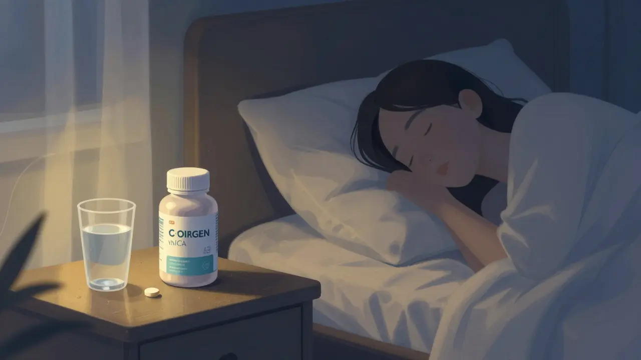 Večer v posteli s láhvičkou kolagenu a vitaminem C na nočním stolku.