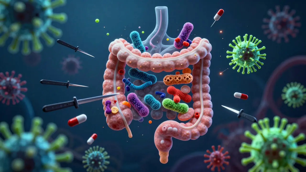 Vnitřní obraz střev s užitečnými bakteriemi zničenými antibiotiky, zatímco odolné superbakterie rostou.