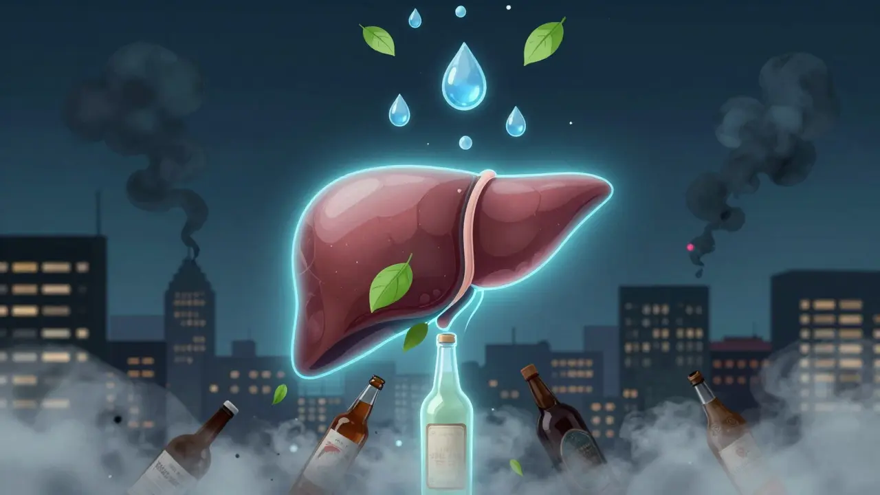 Zdravá játra nad městem, kde toxiny mizí v mlze a přichází voda s listy.