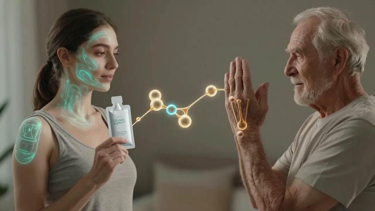 Žena a muž spojení kolagenovými vlákny, symbolizující péči o kůži a klouby