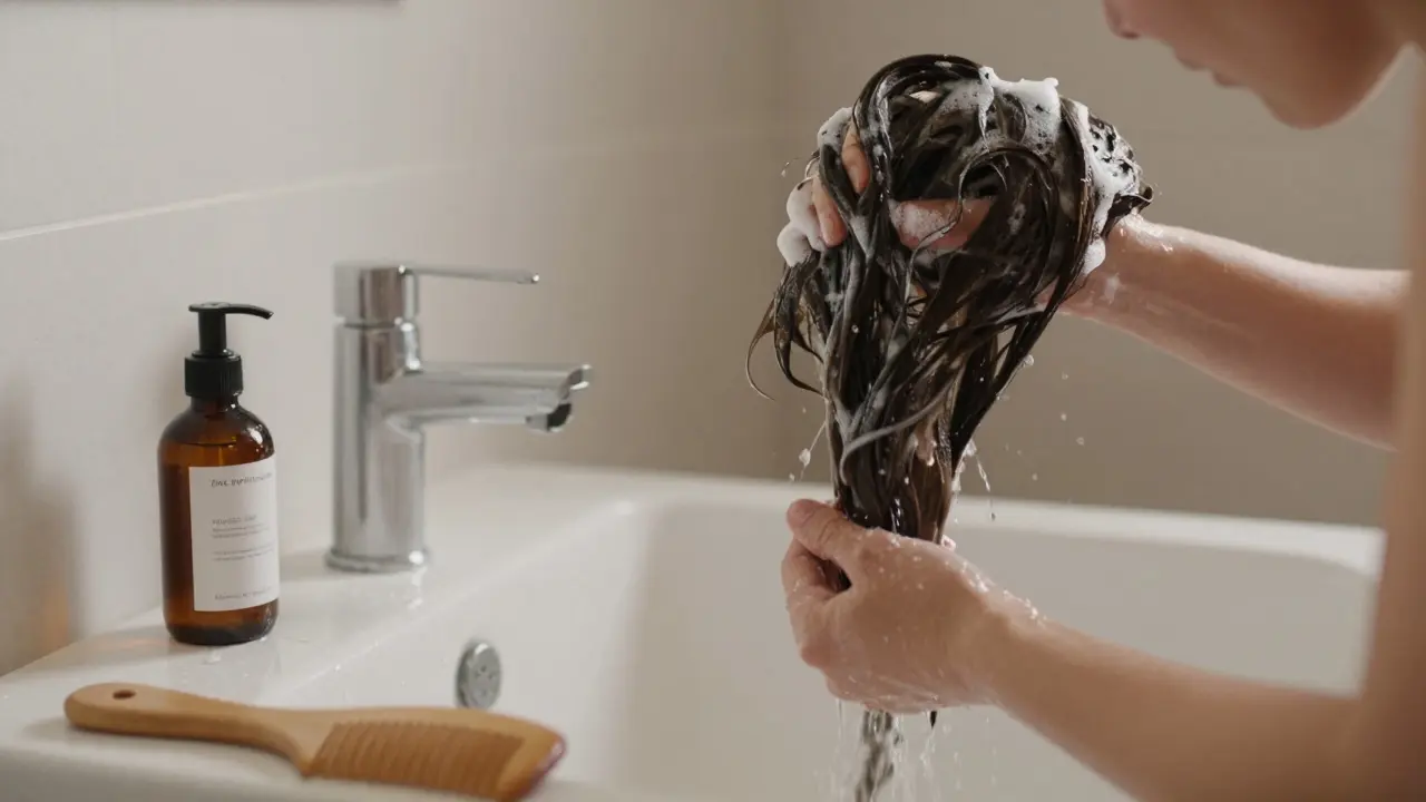 Žena myje vlasy mírně teplou vodou v minimalistické koupelně.